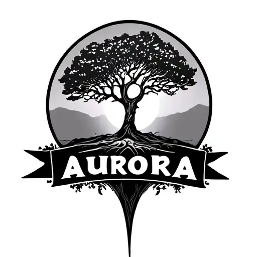 A Tattoo With A Tree Growing From The Sun And The Name Aurora Fitted In Perfectly