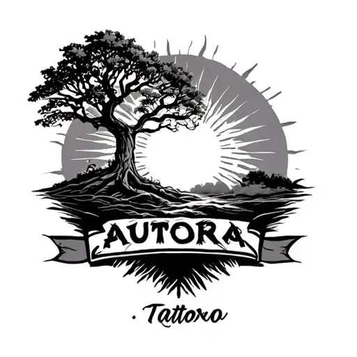 A Tattoo With A Tree Growing From The Sun And The Name Aurora Fitted In Perfectly