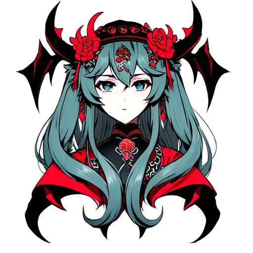 Open Close Demon Hatsune Miku In Japanese Traditional Tattoo Style Black And Red