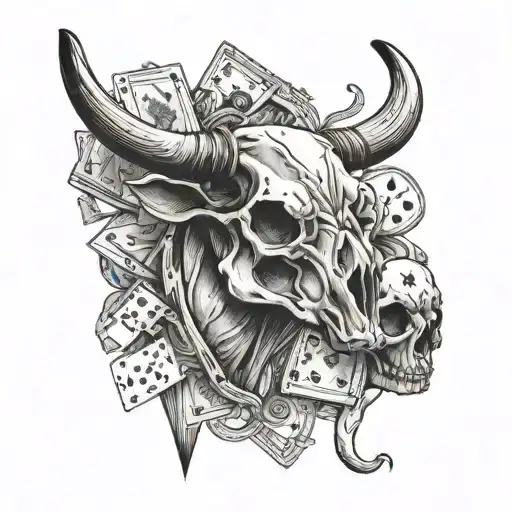 Long Horn Cow Skull And Playing Cards Floating