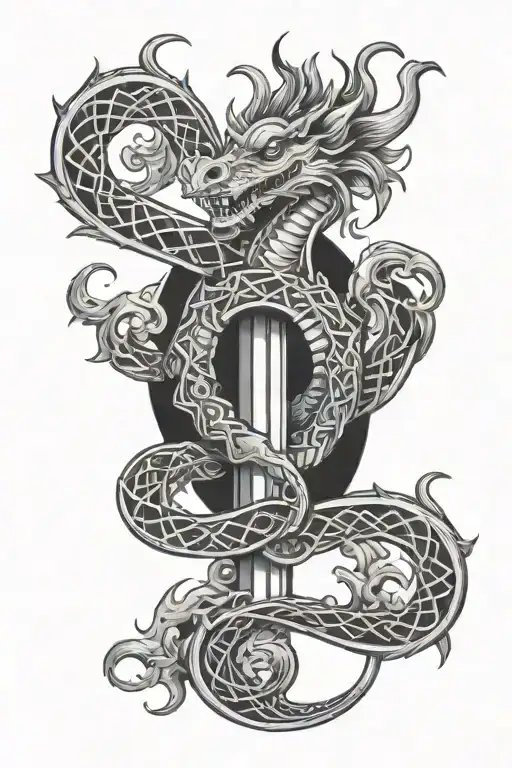 Aquarius And Dragon Traditional Celtic Tattoo With Trippy Mushroom Geometrics