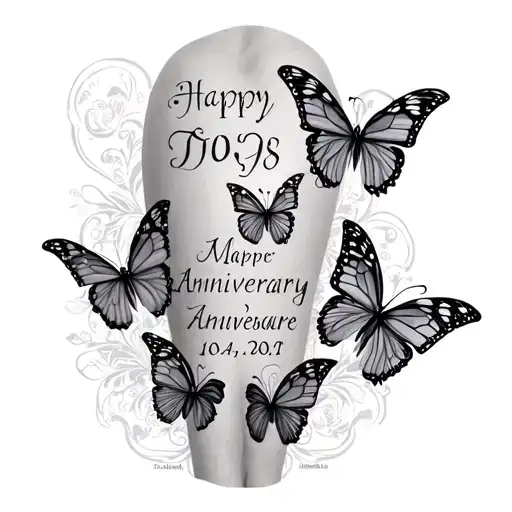 Thigh Tattoo Of Name And Anniversary Date With Butterflies