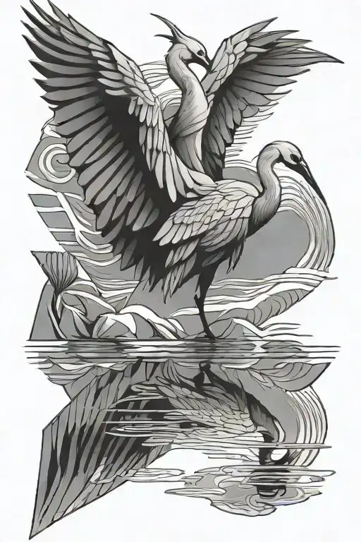 Crane Bird And Reflection As Origami Crane Bird