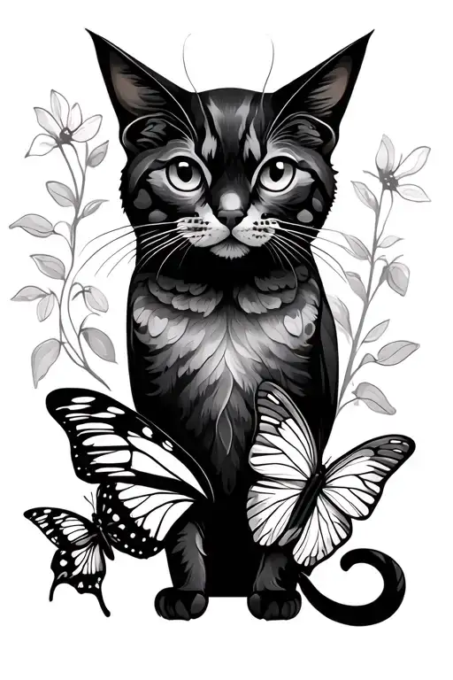 Bird And Cat And Butterfly Outline