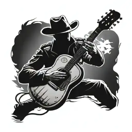 Create A Tattoo Of A Cowboy Silhouette Playing A Guitar With A Military Helicopter In The Background