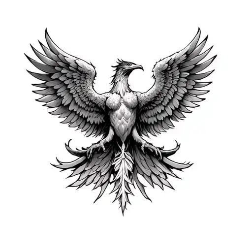 Phoenix With Wings Spread Chest Tattoo Black And White