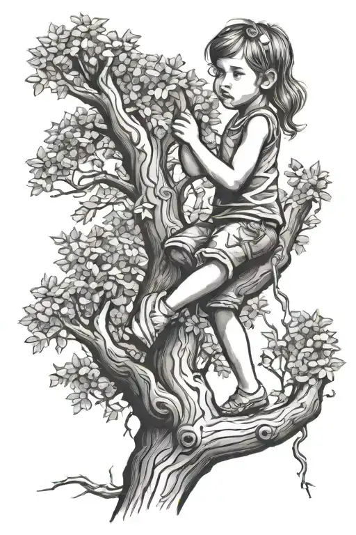 Little Girl Climbing A Tree