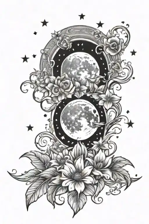 A Moon Above Flowers Draping Down With Stars All Around