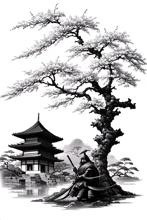 Japanese Cherry Blossom Tree With A Samurai At The Base And A Japanese Building In The Backround