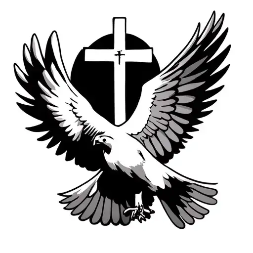 A Christian Cross In Straight Line And In Front Of A Dove Which Has Its Wings Deployed