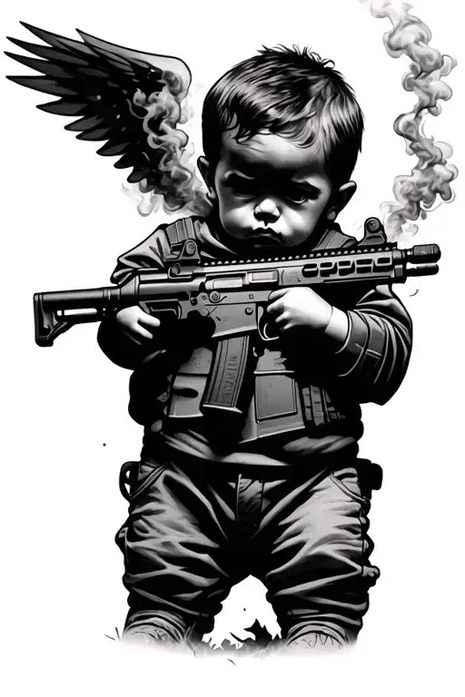 Baby Angle Holding A M4 Carbine With Smoke Around It