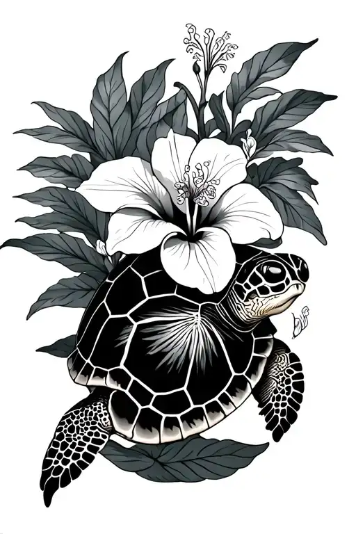 Turtle With Hibiscus And Orchid
