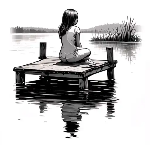 Little Girl Sitting On A Dock Looking At The Lake Reflecting