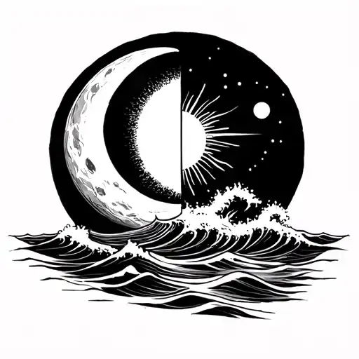 Half Moon Over A Sea With Strong Waves And The Other Half Sun Over A Calm Sea