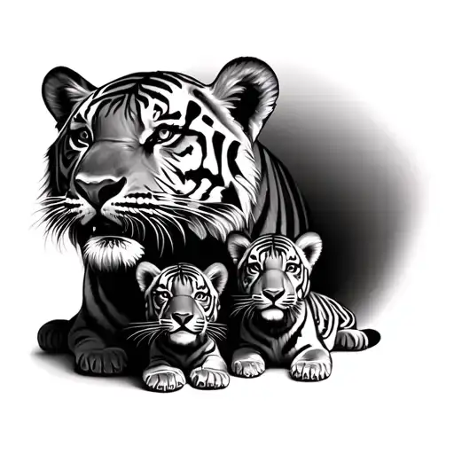 3 Tiger Cubs Under Mom Tiger Head