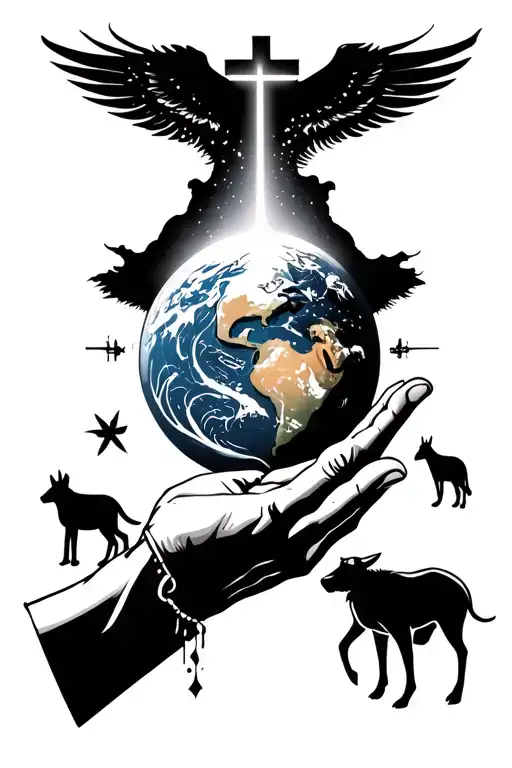 Gods Hand Reaching Down Touching Earth Globe With Eclipse And Animals Underneath And A Cross