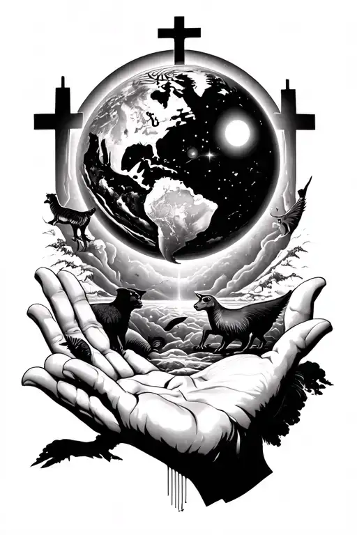 Gods Hand Reaching Down Touching Earth Globe With Eclipse And Animals Underneath And A Cross