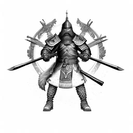 Handsome Asian Male Warrior With Full Beard Dressed In Battle Armour Holding A Spear Half Sleeve