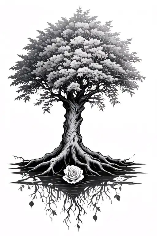 Willow Tree With Exaggerated Roots Leading Into A Rose