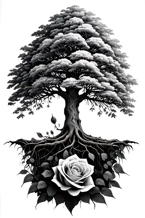 Willow Tree With Exaggerated Roots Leading Into A Rose Of The Same Size