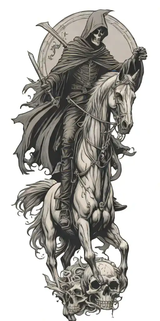 Grim Reaper On Horse With Crow Flying And Skull