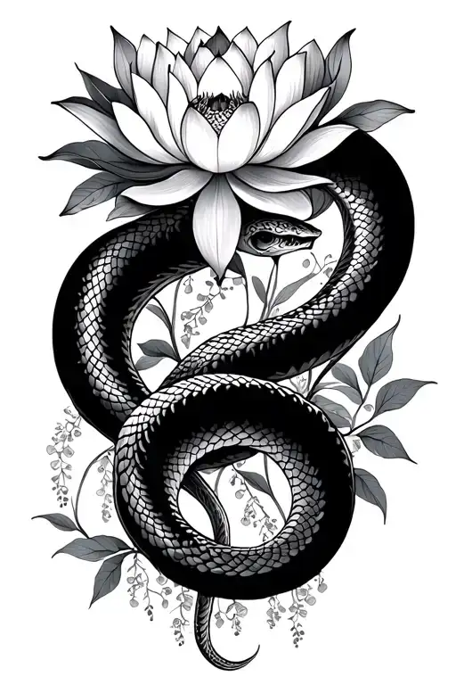 Lotus And Wisteria Vine Wrapping With Snake Intertwined