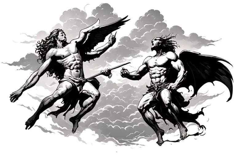 On The Left Angeles Fighting With Demons To The Right With Cloud Background