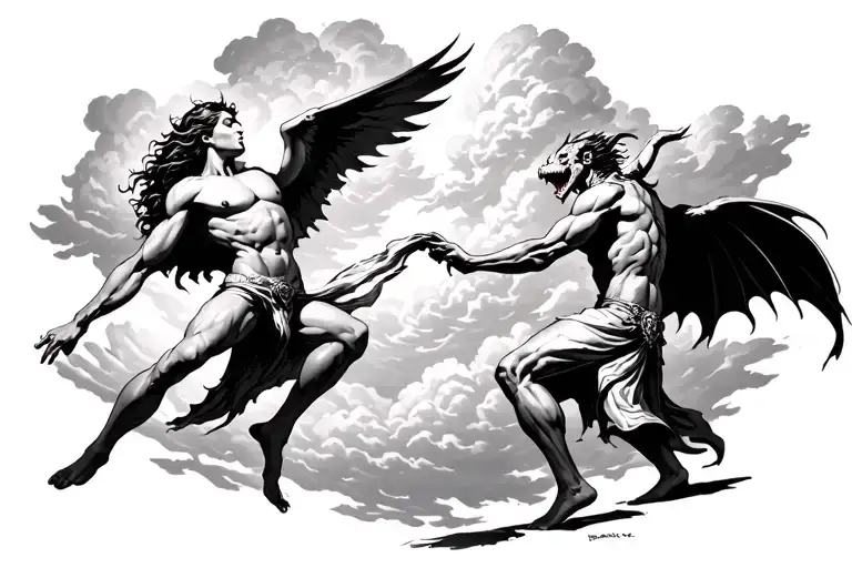 On The Left Angeles Fighting With Demons To The Right With Cloud Background