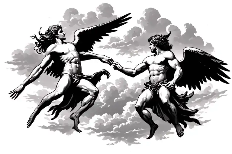 Angels Fighting With Demons With Background Clouds