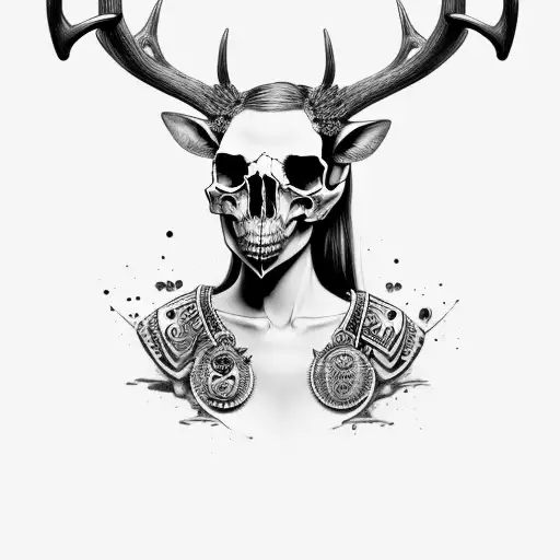 Viking Woman Wearing Deer Skull With Bloody Mouth