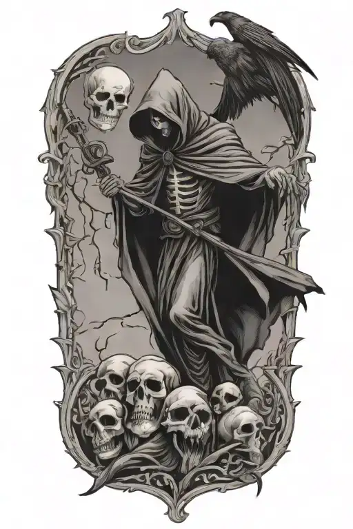 Grim Reaper With Crow Flying And Skull