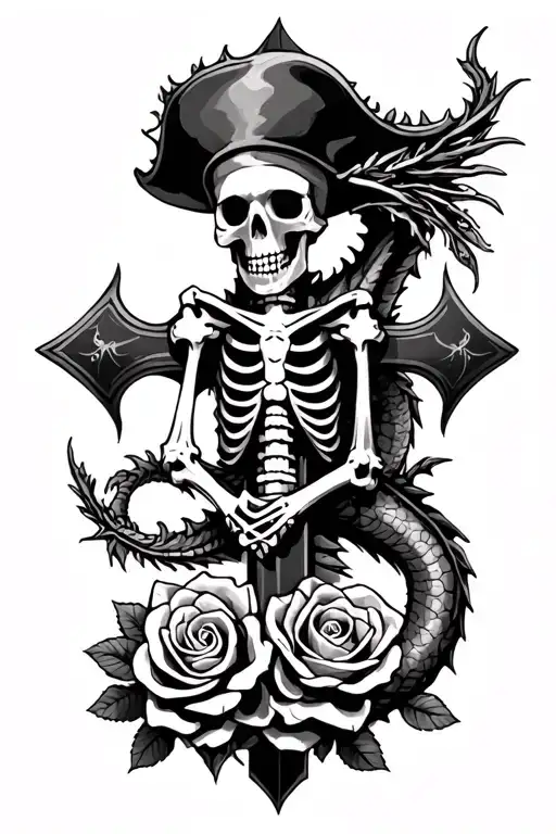 Pirate Skeleton Roses Dragon Cross