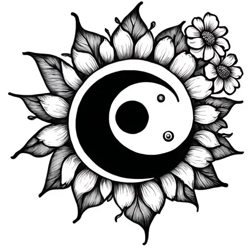 Simple Sun And Moon Tattoo With Flowers