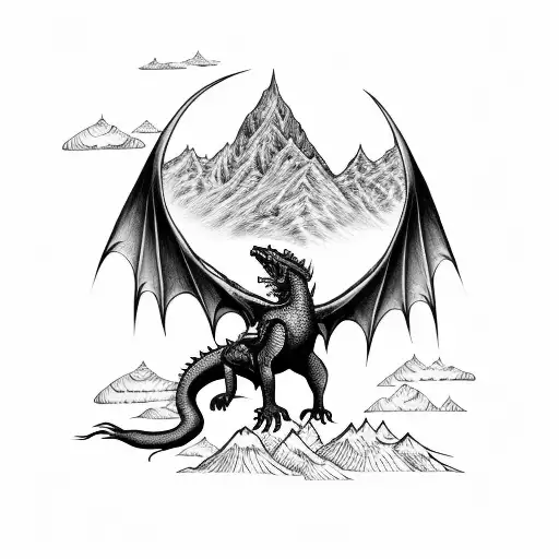 Whole Upper Back With A Fantasy Feeling Including A Dragon Above Mountains