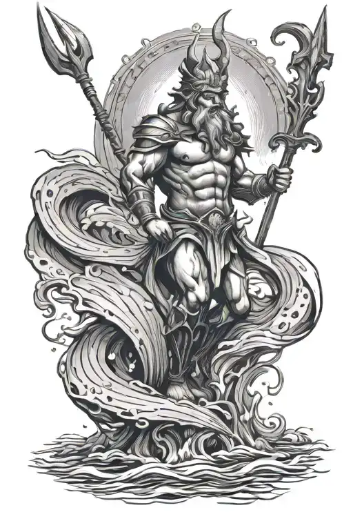 Neptune Stands In The Water With A Trident