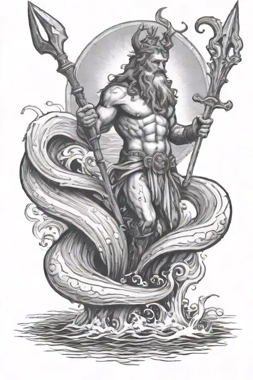 Neptune Stands In The Water With A Trident