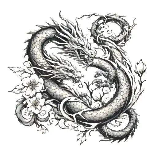 Dragon And Cherry Blossom Tree