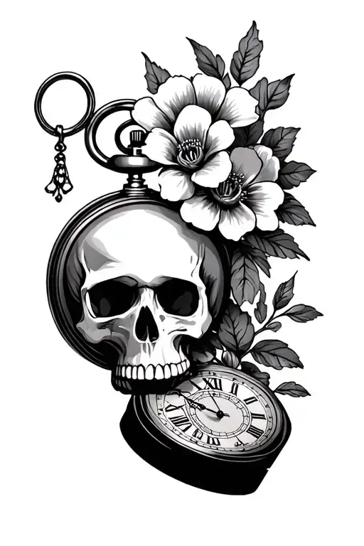 Skull And Pocket Watch And Flowers