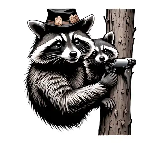 Raccoon With Coon Hat Shooting Another Coon Out Of Tree