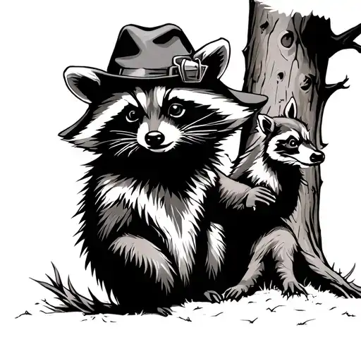 Raccoon With Coon Hat Shooting Another Coon Out Of Tree