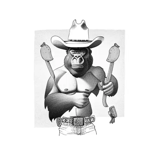 Gorilla As A Sheriff Wearing A Cowboy Hat With Holster Holding A Banana Full Bod