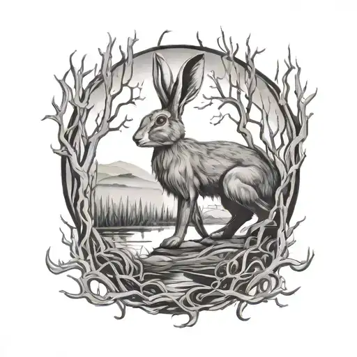 Hare In The Marsh Scenery Tattoo Featuring Dead Tree With Creeping Vines