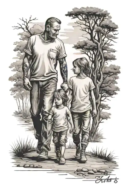 Father Son Daughter Walking