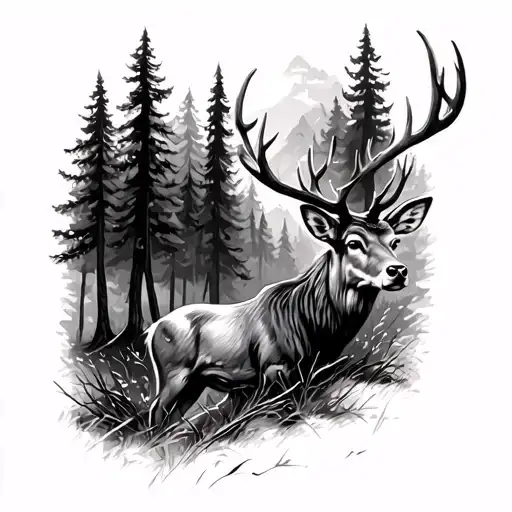 Stag In The Forest With Tall Trees Looking Through Lens