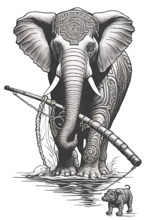 Tribal Elephant And Fishing Pole And Bulldog