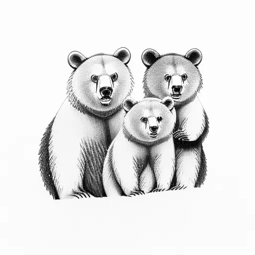 Father Bear And Two Bear Cubs In Forest
