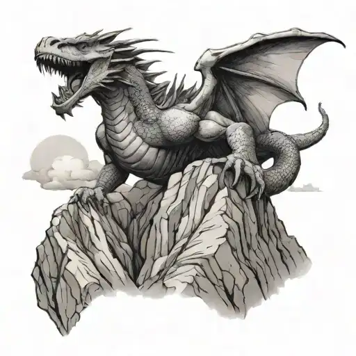 A Boulder Climber Reaching The Top Of A Mountain With A Dragon Flying Overhead