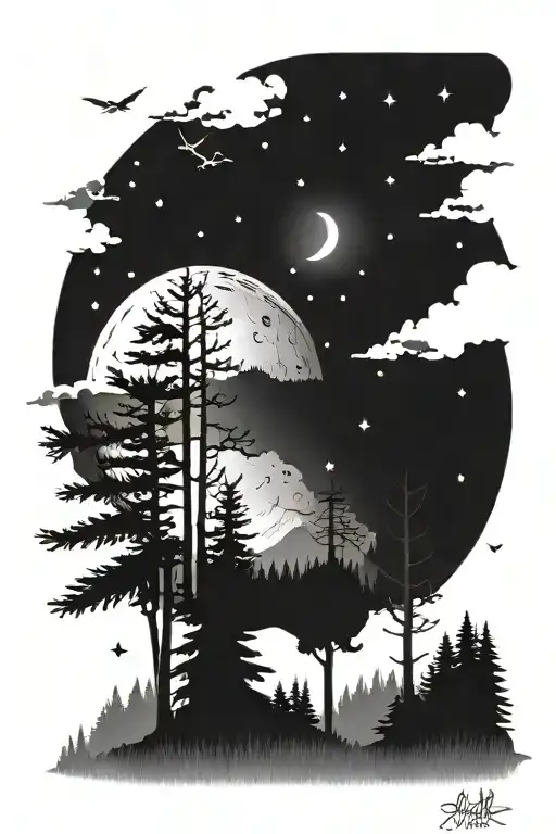 Stars Moon Night Sky Fireflies Woodland Pine Trees