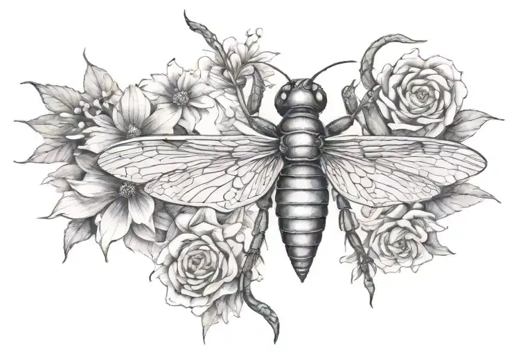 Dragon Fly Turtle Flowers Intertwined