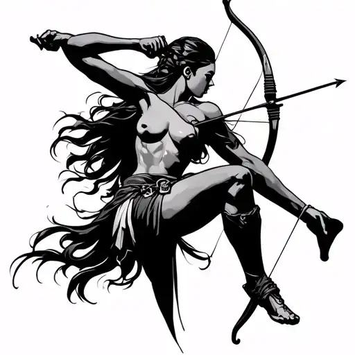 Topless Female Archer Shooting An Arrow